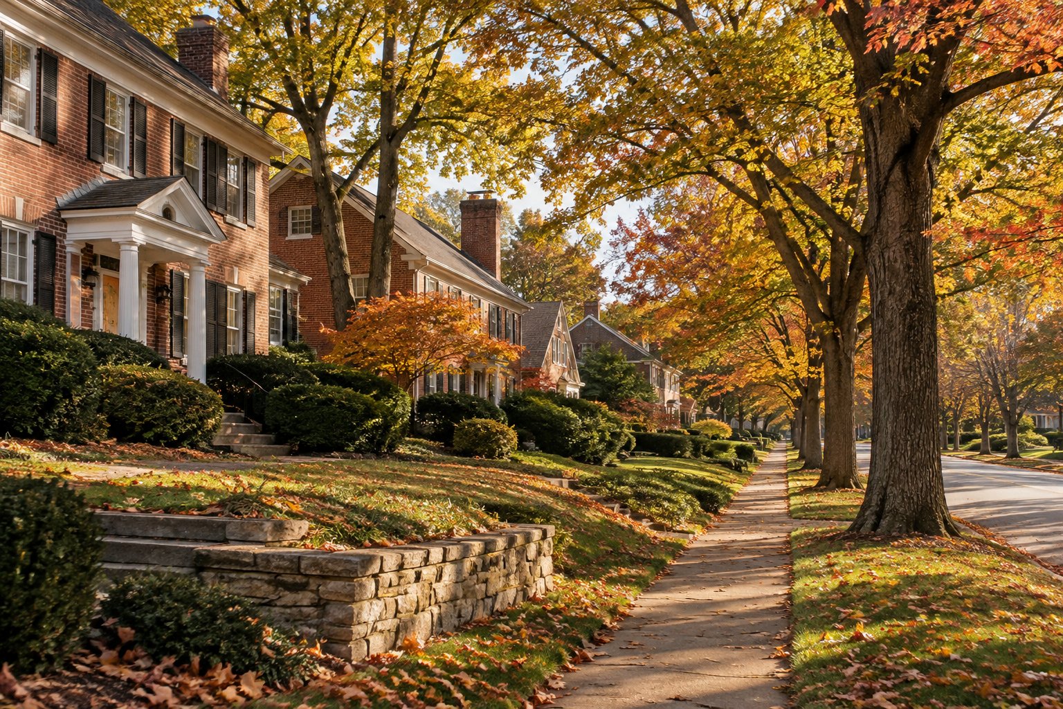 A tree lined St. Louis area street in autumn, illustrative