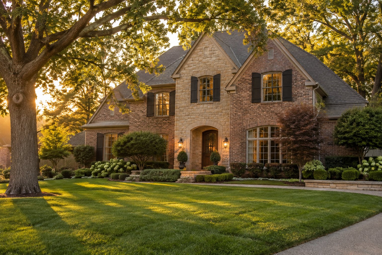 A brick and stone St. Louis area home at golden hour, illustrative