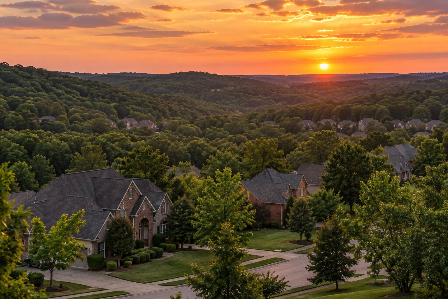 Wooded West County hills at sunset, illustrative
