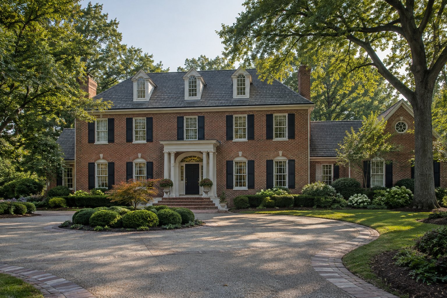 A brick Georgian style home with a circular drive, illustrative