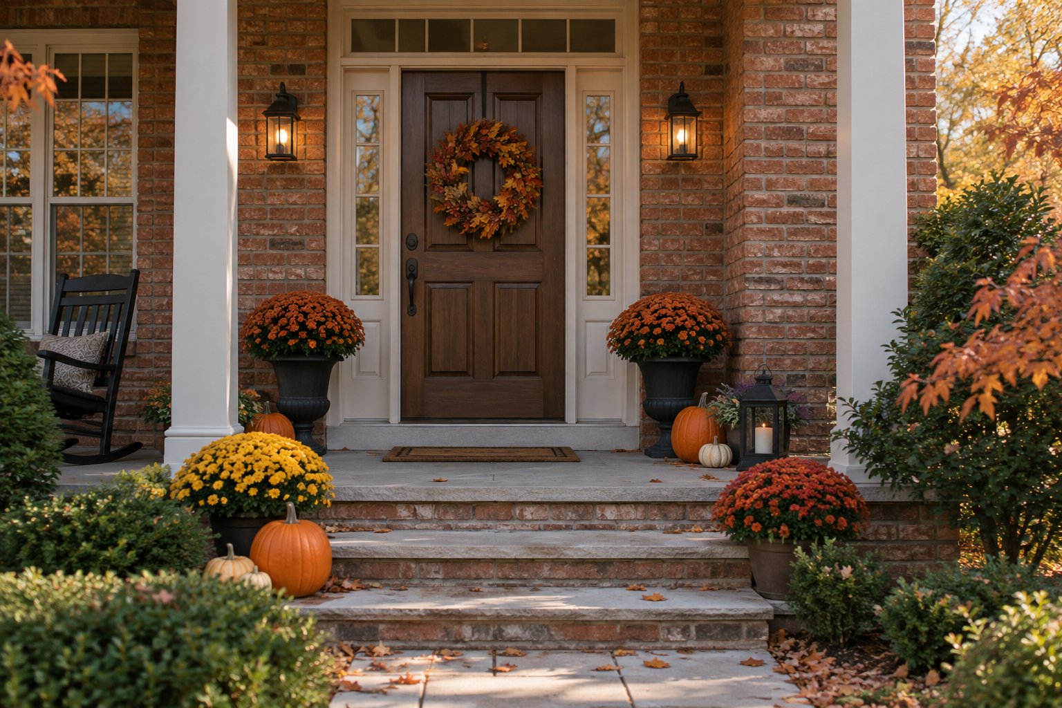 A welcoming brick front porch in autumn, illustrative